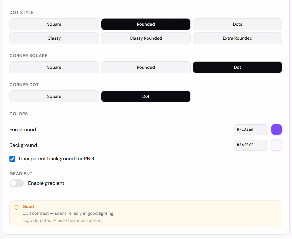 QR Forge vCard QR detailed styling controls