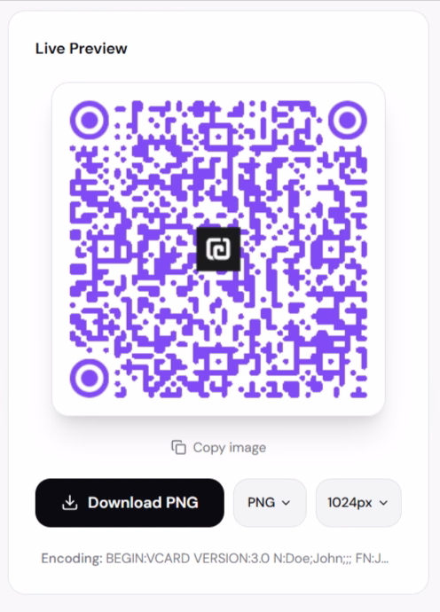 QR Forge vCard QR live preview and export controls